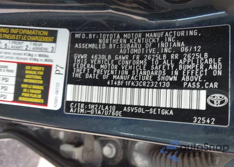 2012 Toyota Camry Xle from USA, damaged, VIN 4T4BF1FK3CR232130